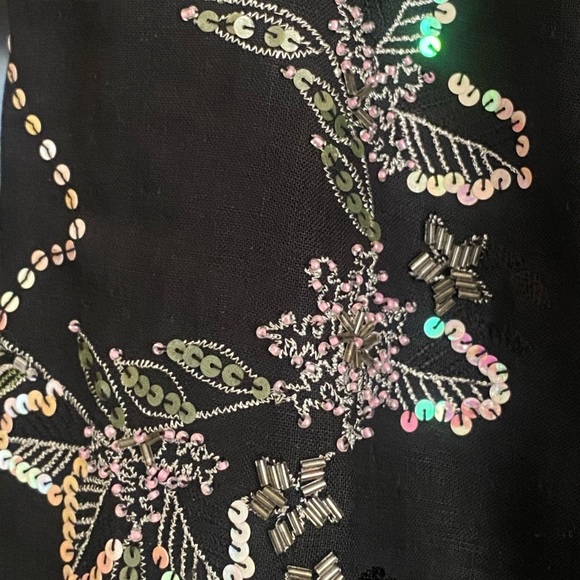 Nikki Valentine Irish Linen Black Sequin Embroidered Wide-Leg Crop Pants Size 10 - Picture 8 of 12